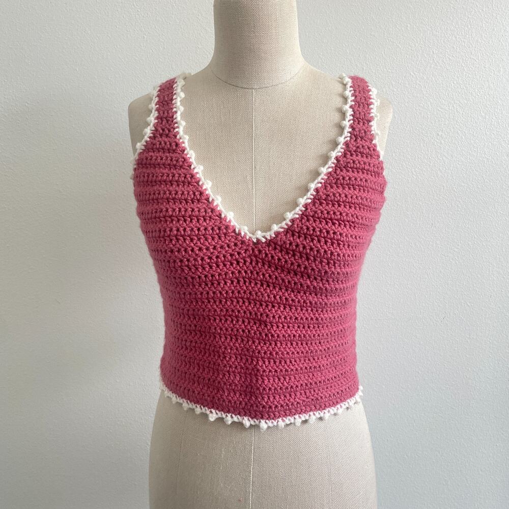 Handmade Crochet Tank Top Women S Pink Lace Up V Neck Festival Boho Cottagecore